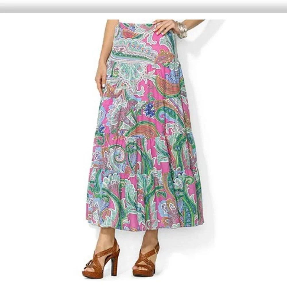 Lauren Ralph Lauren Women Pink Paisley Tiered Cotton Maxi Skirt PM Medium Petite